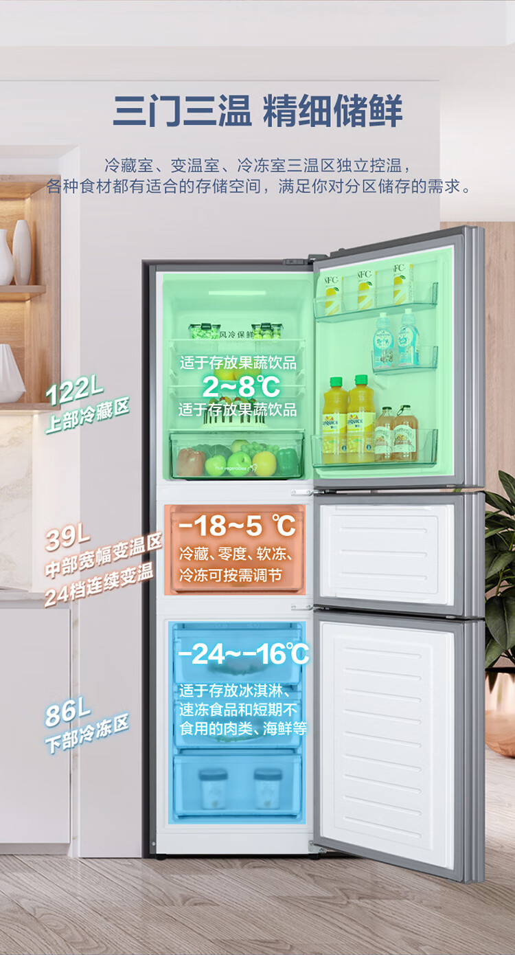 美的（Midea）三门小型家用冰箱风冷无霜三开门小冰箱 全温区变温247升家电节能低噪BCD-247WTM(E)
