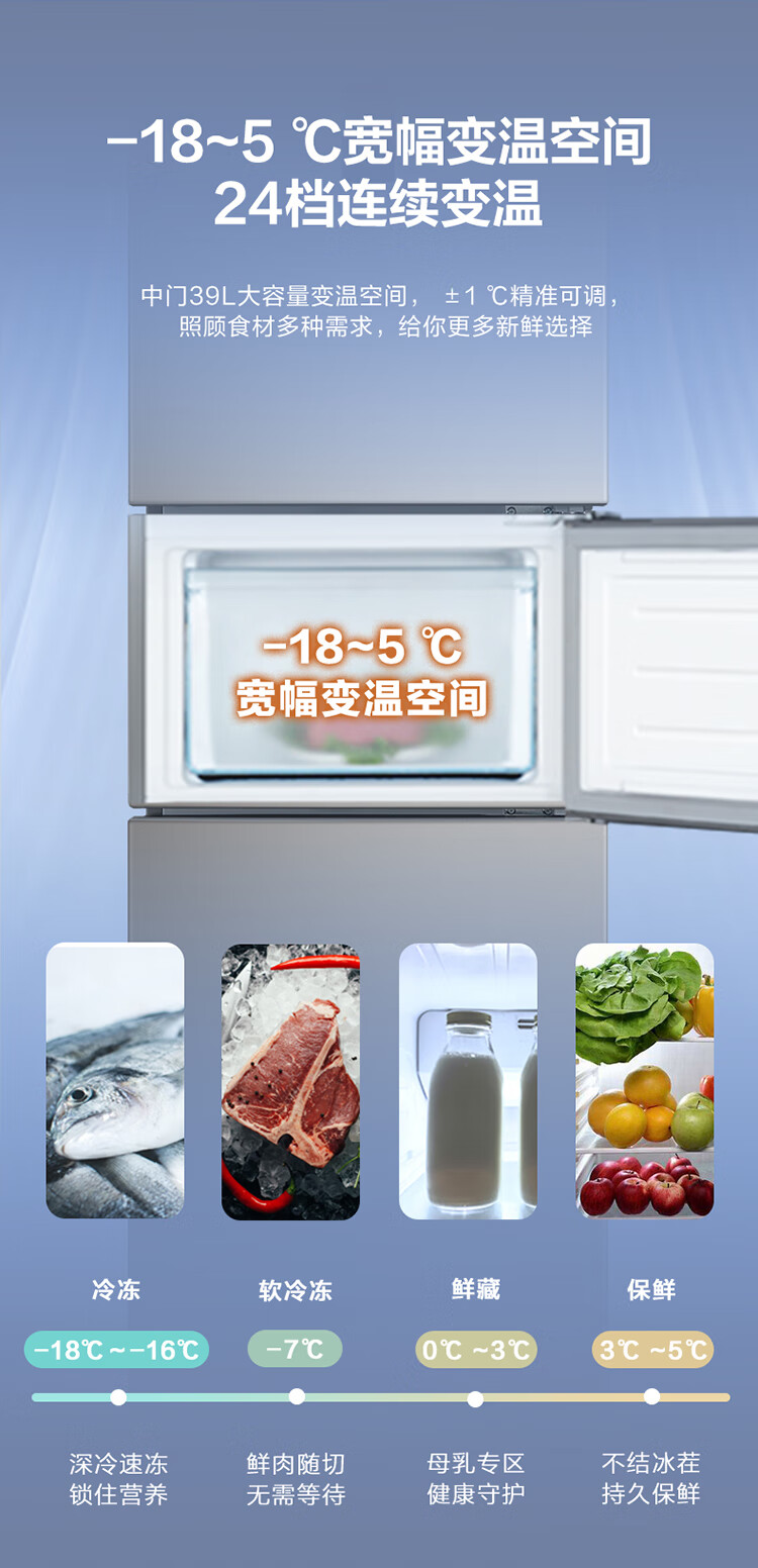 美的（Midea）三门小型家用冰箱风冷无霜三开门小冰箱 全温区变温247升家电节能低噪BCD-247WTM(E)