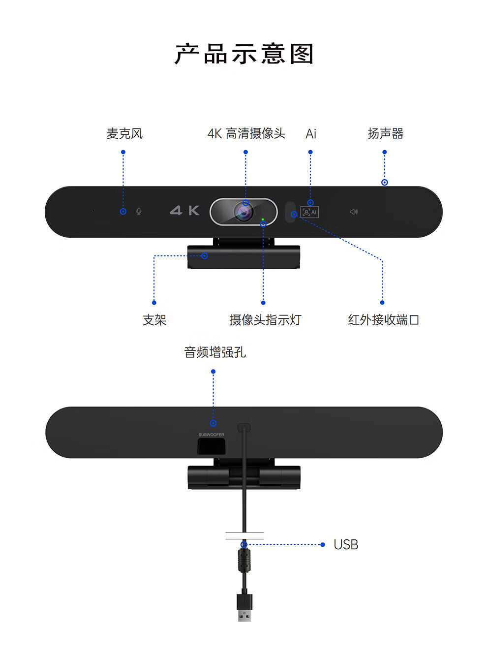 易视讯 YSX-A3 800万人脸跟踪电脑4K高清视频会议摄像头+含6米收音全向麦克风会议系统设备