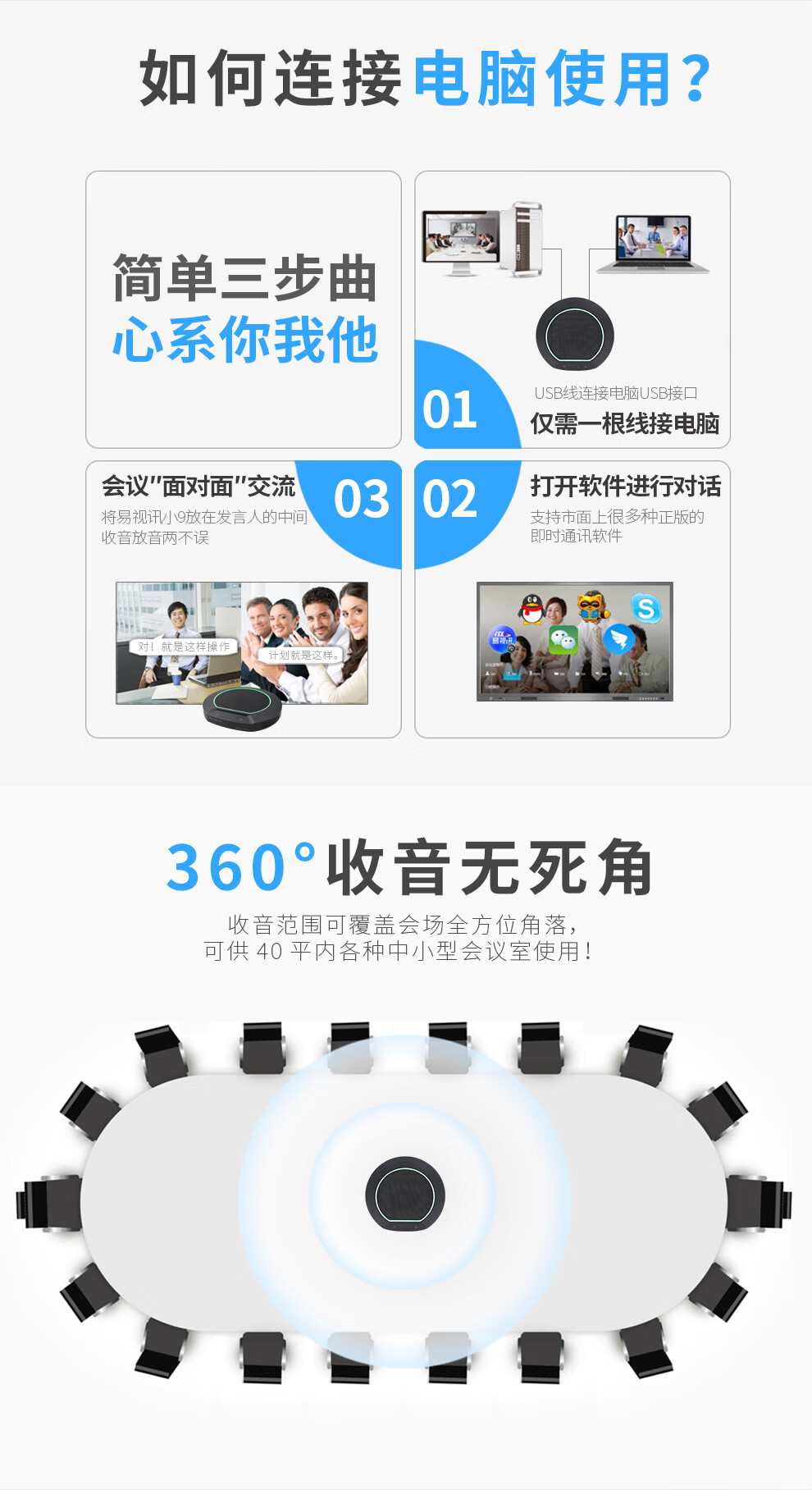 易视讯 视频会议全向麦克风(适用10-40㎡视频会议室拾音8米)YSX-NT910