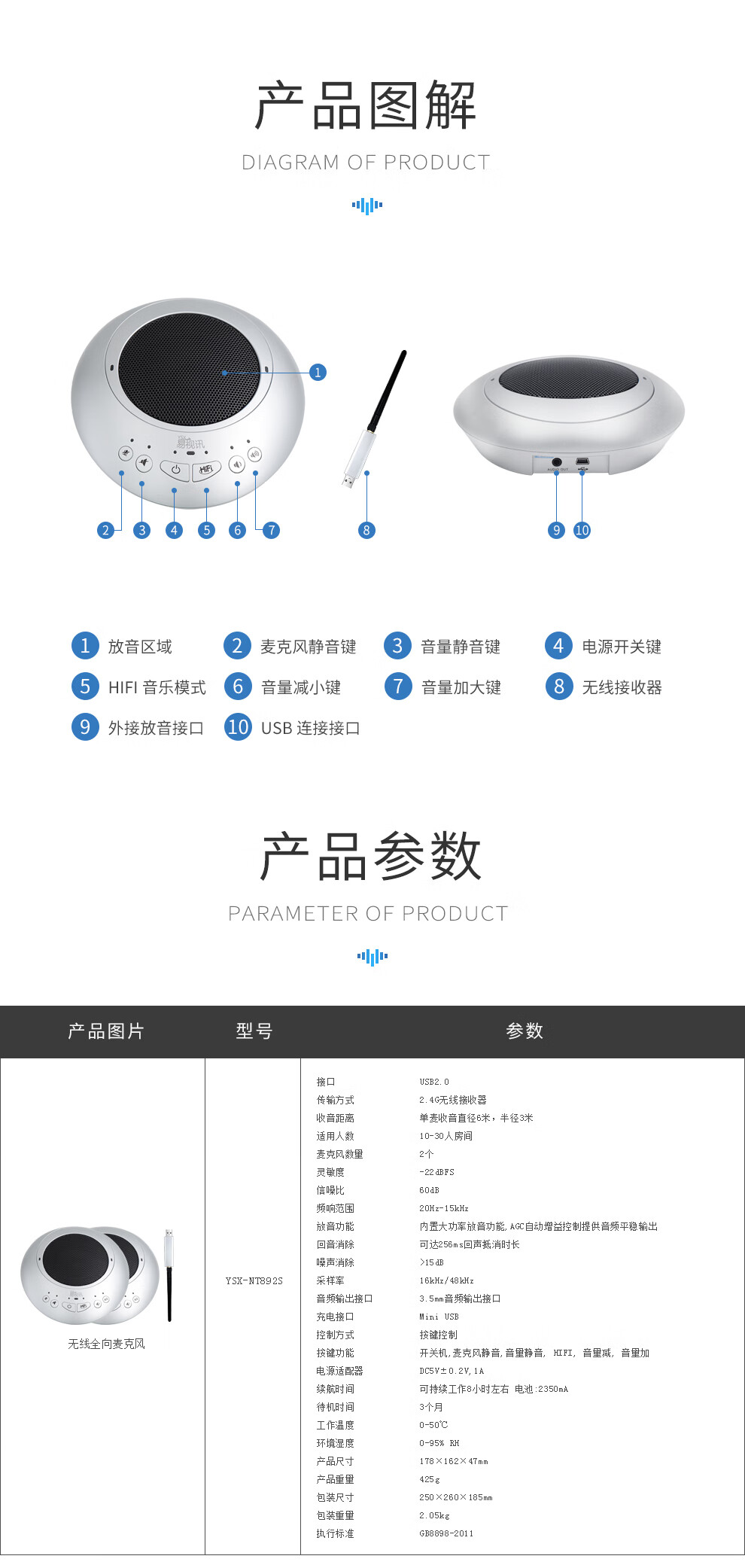 易视讯 无线视频会议全向麦克风(2个串联后适用20-60㎡视频会议室拾音2-8米)桌面麦克风带音响一体YSX-NT892S