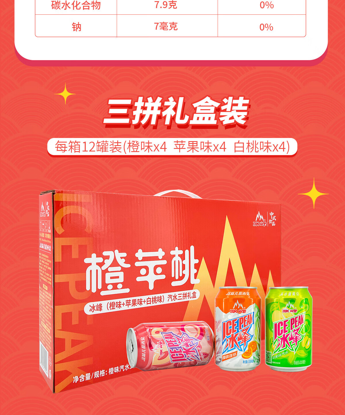 冰峰 橙味汽水330ml*4+白桃味330ml*4+苹果味330ml*4罐