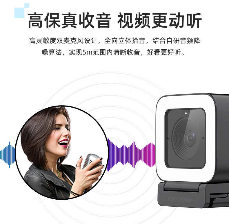 海康威视 HIKVISION U22 电脑摄像头USB直播1080P高清广角横竖屏切换双麦克风自动快速对焦5挡补光标配