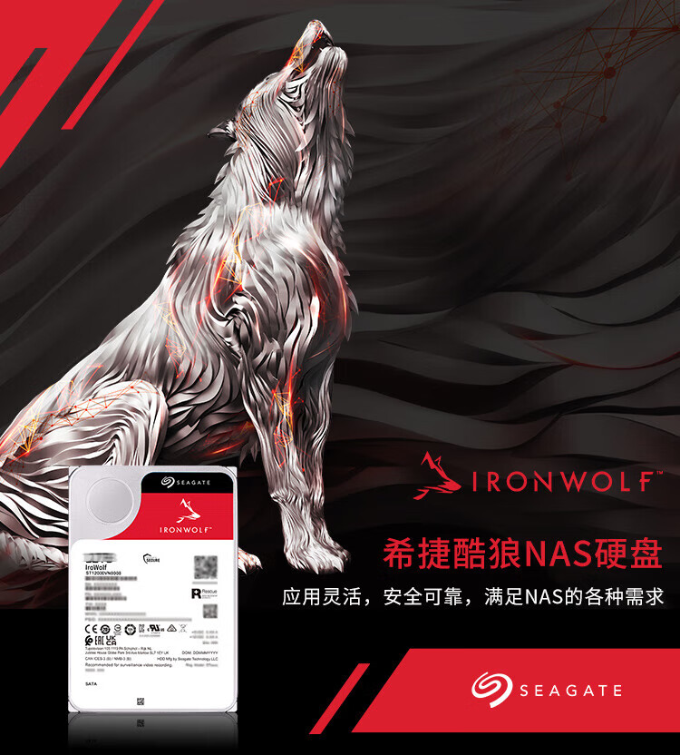 希捷(SEAGATE)NAS硬盘 PMR CMR垂直磁记录 网络存储 SATA酷狼 数据恢复 10TB(ST10000VN000)原厂数据救援