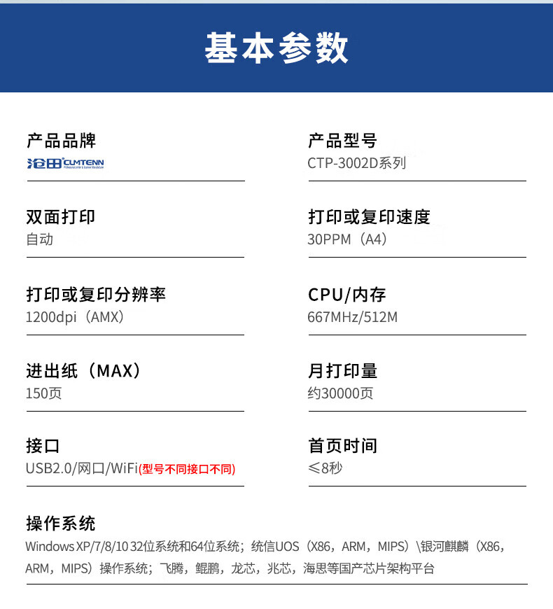 沧田（CUMTENN）A4双面网络黑白激光打印机 办公商用多功能一体机 CTP-3002DN