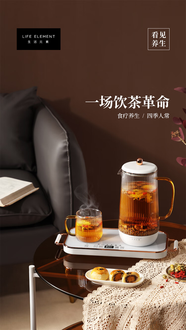 生活元素（LIFE ELEMENT）多功能养生壶D65-H01 白色煮茶壶煎药壶1.2L容量 电茶壶玻璃烧水壶智能电热水壶