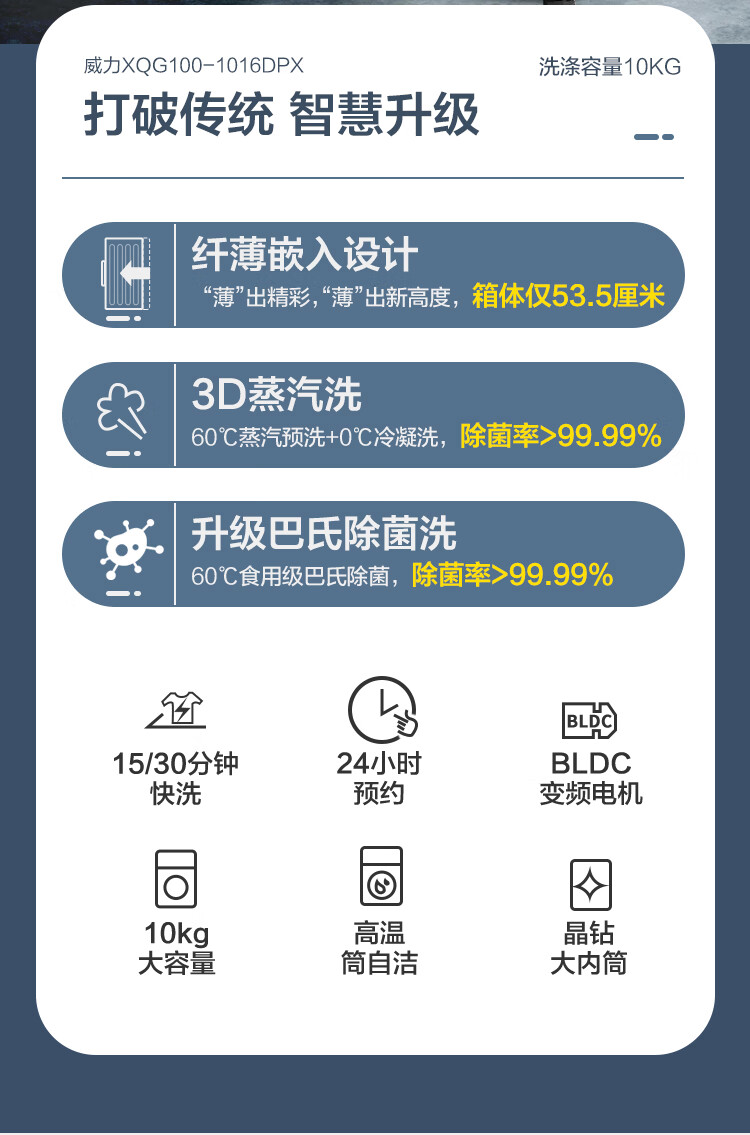 威力（WEILI） 10公斤变频全自动滚筒洗衣机 超薄机身 蒸汽除菌洗  15分钟快洗  XQG100-1016DPX