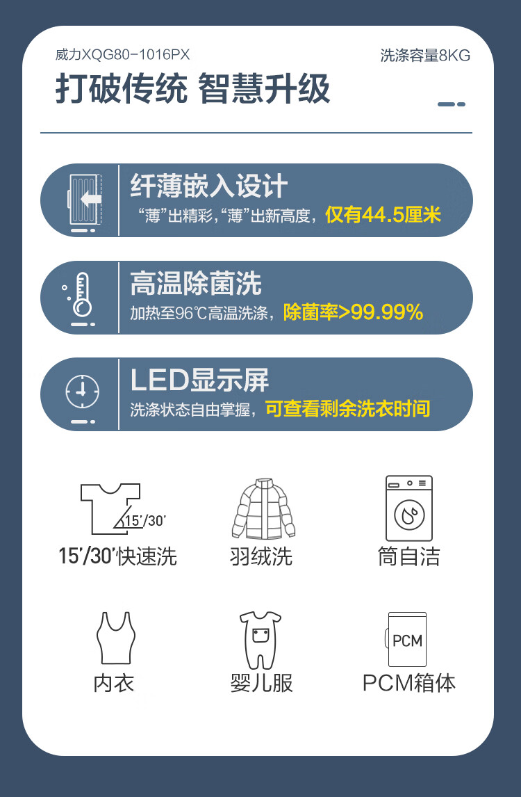 威力（WEILI） 8公斤全自动滚筒洗衣机 超薄机身  15分钟快洗 LED显示屏 一级能效 XQG80-1016PX8