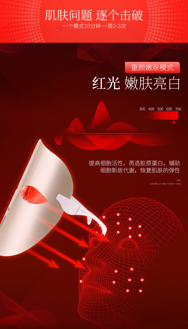 金稻（K·SKIN）美容仪器光谱面罩光子嫩肤仪脸部家用红蓝光大小排灯KD036S面膜美容导入仪充电款 银色【36颗灯】