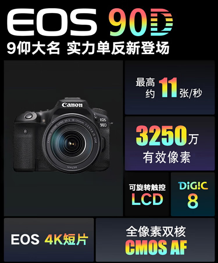 佳能（Canon）EOS 90D中端单反数码相机 家用旅游 4K高清视频拍摄 90D机身+18-135 USM套机 官方标配