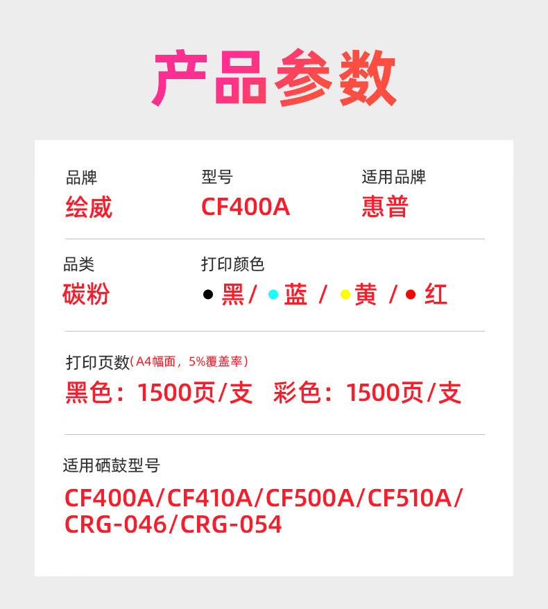绘威CF400A四色碳粉套装 适用惠普HP CF400A CF410A CF500A CF510A CB540A CC530A佳能CRG-045 CRG-046墨粉