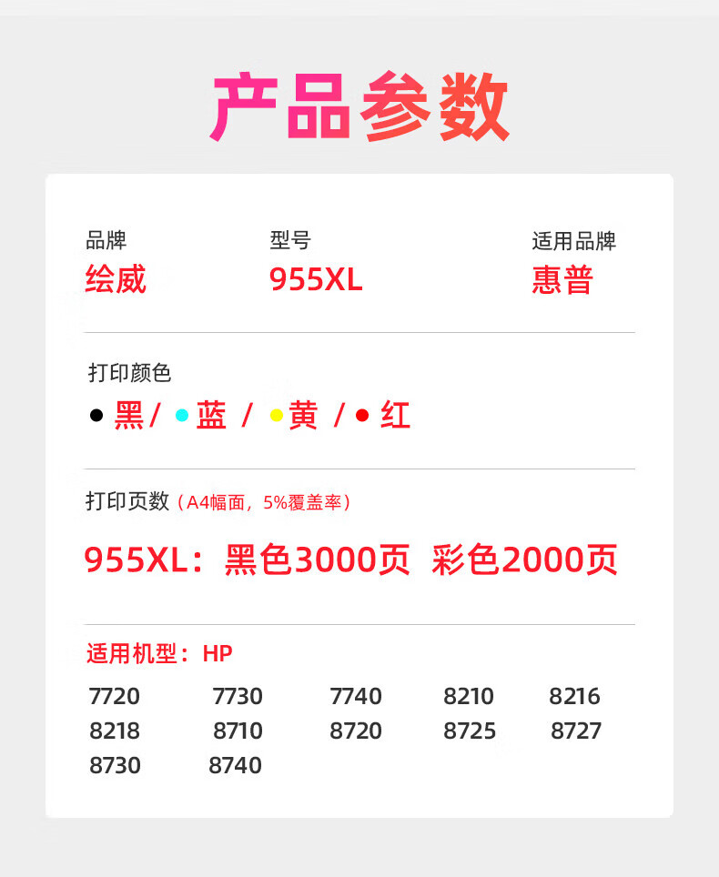 绘威适用惠普955xl墨盒 hp惠普7720墨盒7730打印机墨盒7740 8210 8216 8218 8710 8720 8725 8730 四色套装