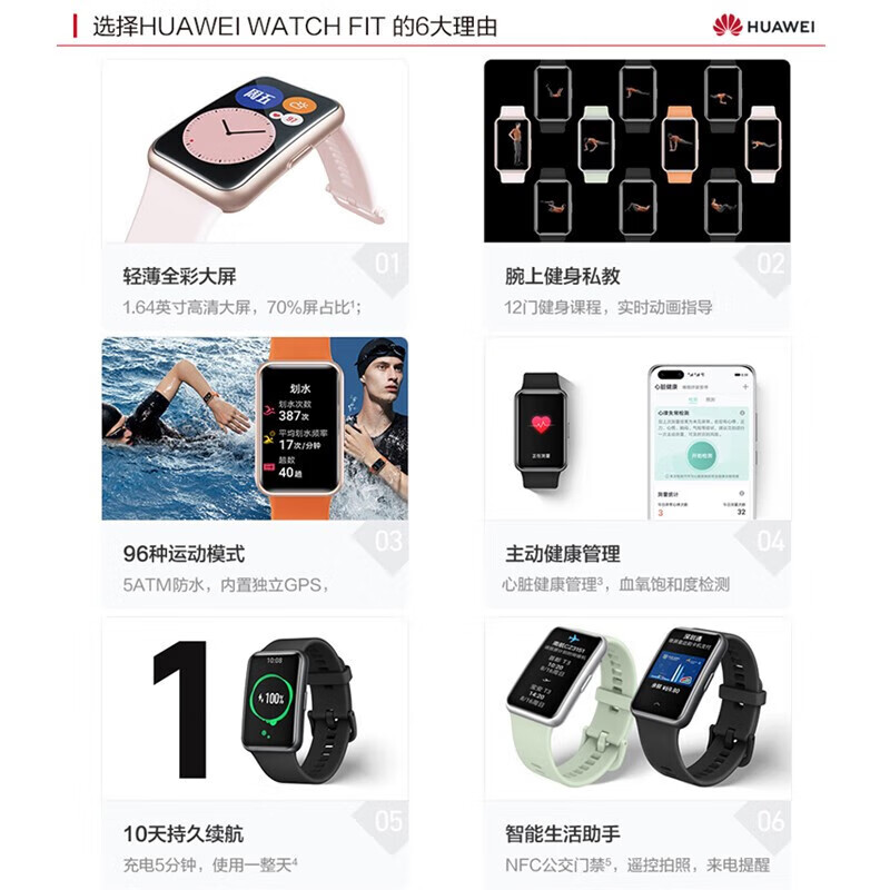 华为（HUAWEI）智能运动心率睡眠血氧饱和度监测游泳防水方形手表 华为 FIT NEW 樱语粉