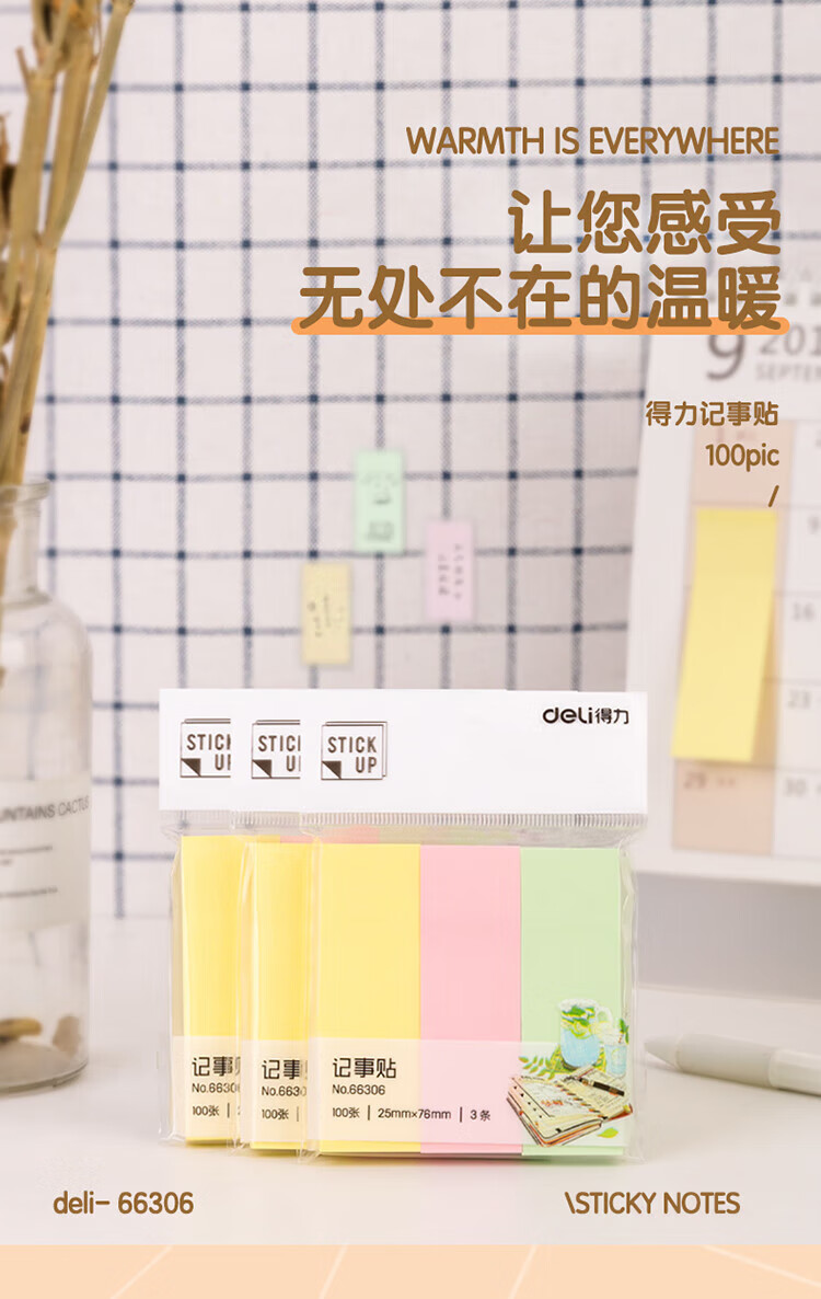 得力（deli）76*25mm便签纸 便利贴 彩色便签纸留言条分类标签办公迷你小便利贴记事贴 66306