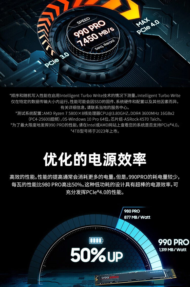 三星(SAMSUNG) 2TB SSD固态硬盘 M.2接口(NVMe协议PCIe 4.0 x4) 990 PRO MZ-V9P2T0CW