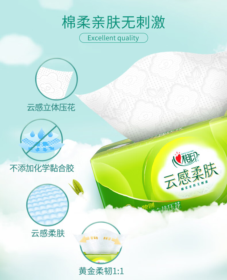 心相印（Mind Act Upon Mind） 云感抽纸 立体压花柔肤亲肤无香 3层*88抽*8包 M码 DT18098