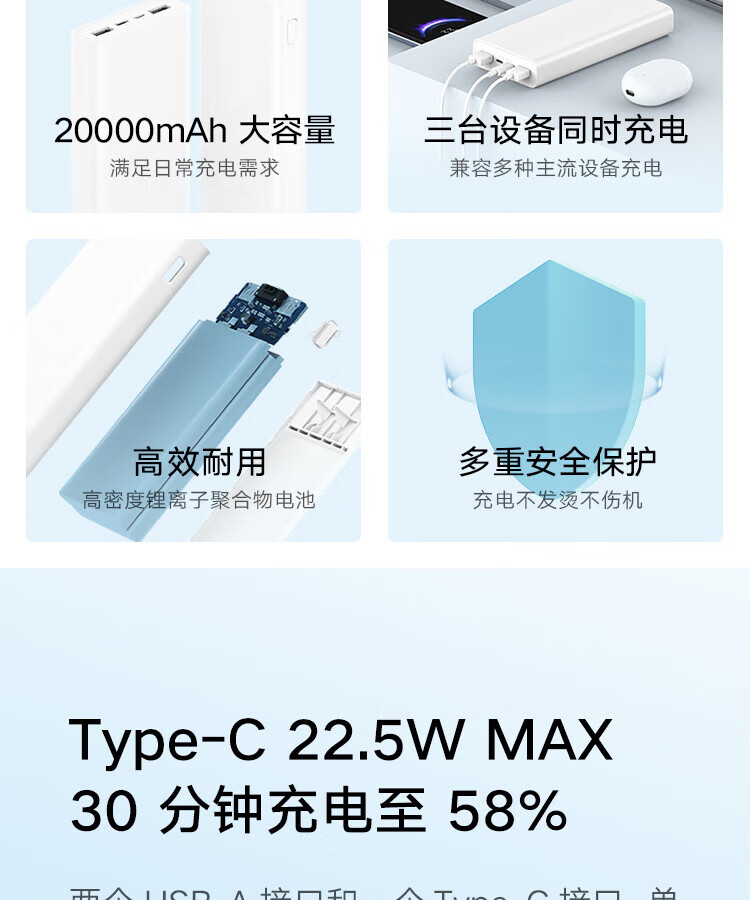 小米充电宝 20000mAh大容量 Type-C 22.5W 双向快充 移动电源