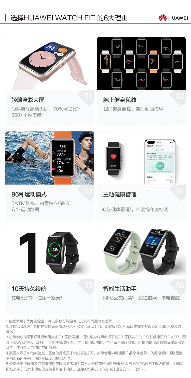 华为（HUAWEI）全彩大屏2.5D曲面运动防水心率睡眠血氧监测男女NFC门禁卡 WATCH FIT 樱语粉