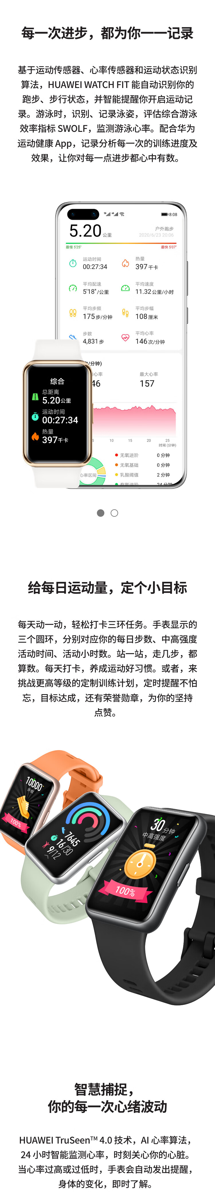 华为（HUAWEI）全彩大屏2.5D曲面运动防水心率睡眠血氧监测男女NFC门禁卡 WATCH FIT 樱语粉