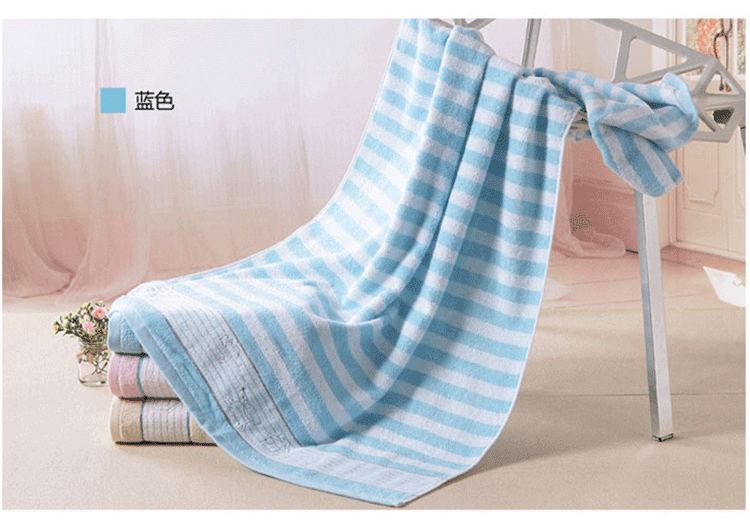 金号纯棉质毛巾素色条纹吸水加宽提缎绣花大浴巾蓝色 140*72cm RC262H