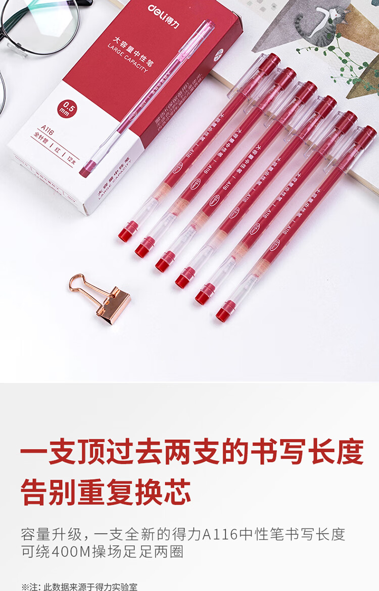 得力（deli）大容量全针管中性笔签字笔 笔芯笔身一体化0.5mm红色12支/盒 A116 3盒装