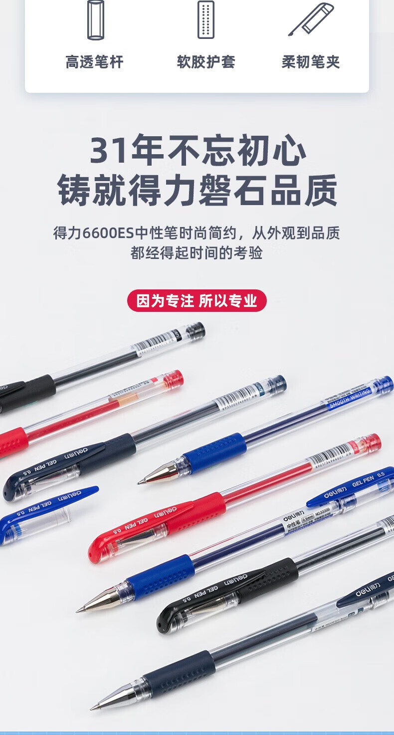 得力（deli）0.5mm经典办公子弹头中性笔 水笔签字笔 红色 12支/盒 1盒装 6600ES