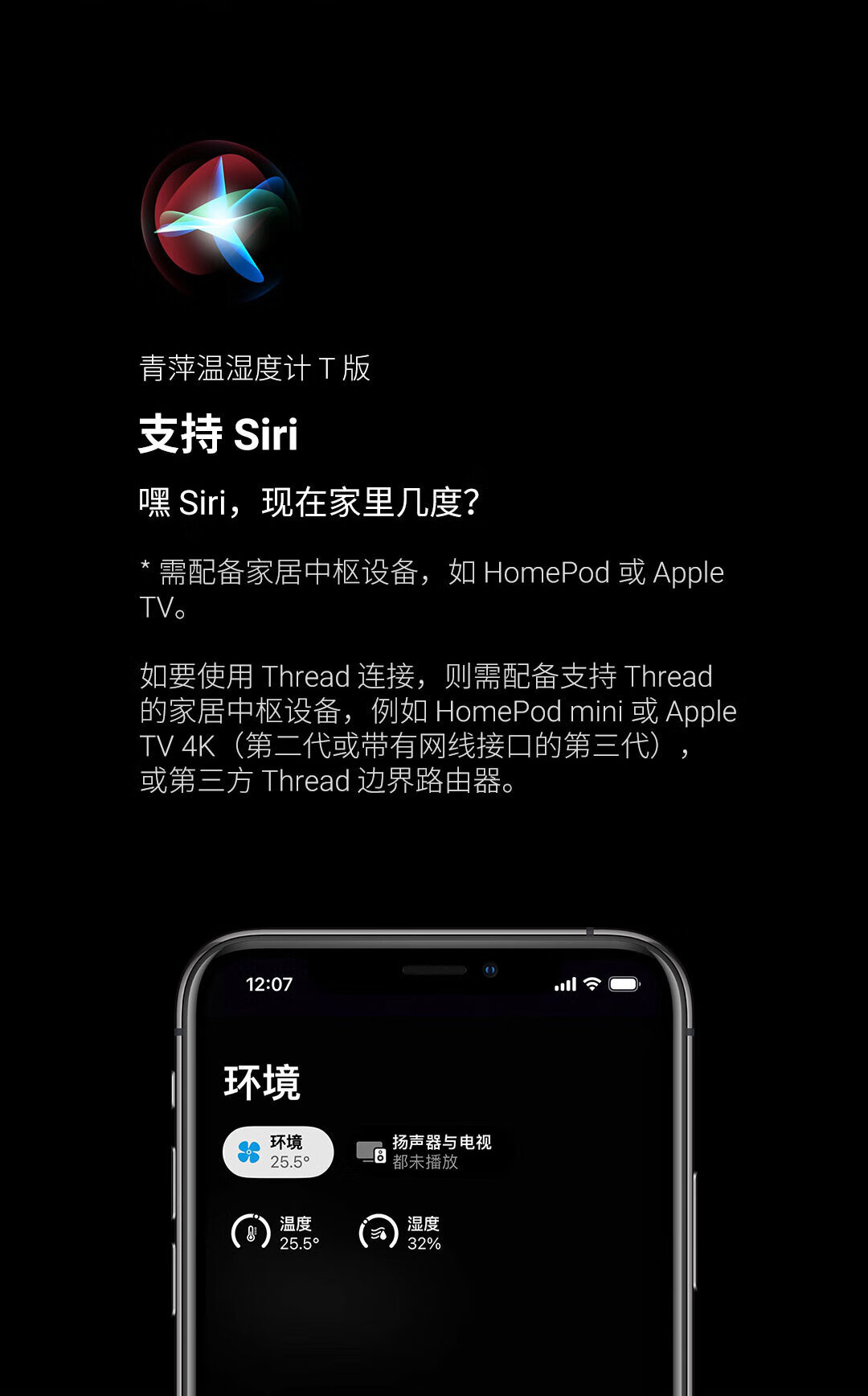 青萍（Qingping）温湿度计 T版 蓝牙高精度家用电子传感器Siri 支持苹果HomeKit Thread协议