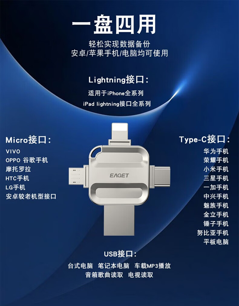 忆捷EAGET  I71-128G USB3.0 Lightning Type-C MicroUSB口 苹果安卓华为手机电脑通用四接口存储U盘