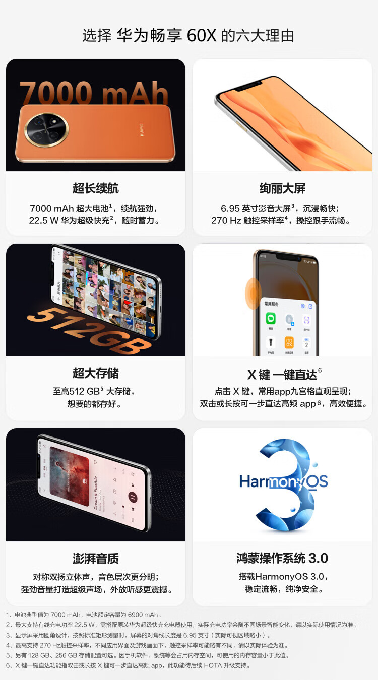 华为（HUAWEI）7000mAh长续航 6.95英寸 影音大屏 鸿蒙智能手机 畅享60X 8+256G 曜金黑