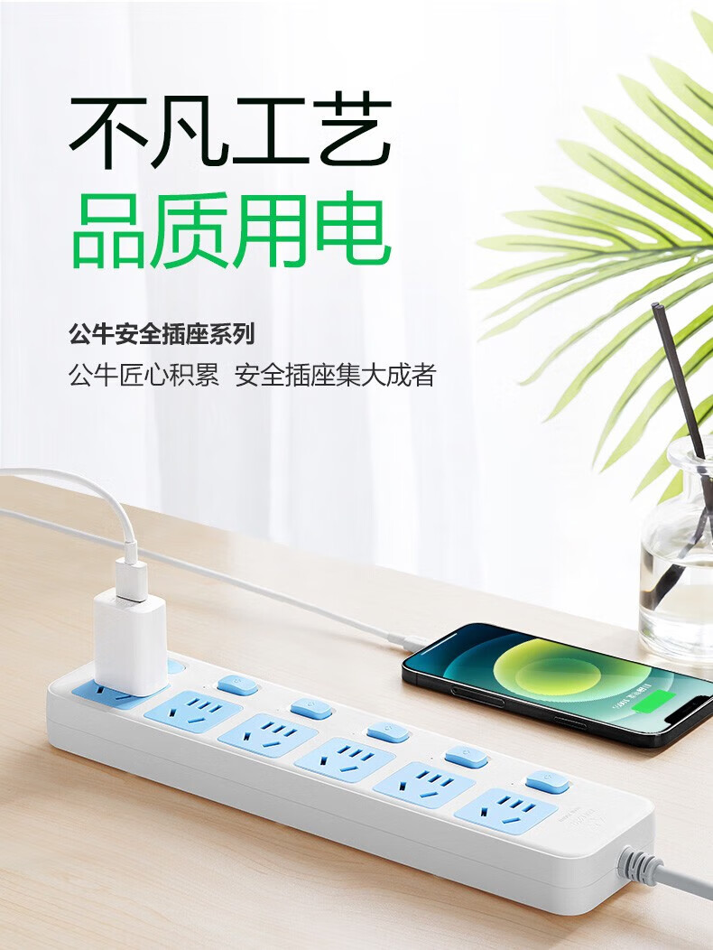 公牛BULL 可绕线爬墙插座插排专用排查插多孔带固定器面板多功能办公室家用排插拖线板 分控5米6插位(GN-317)