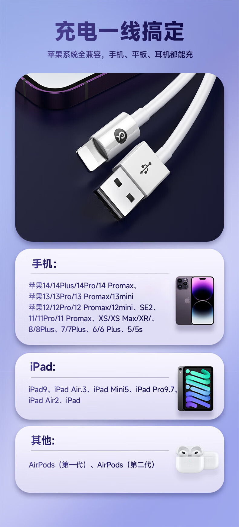 毕亚兹BIAZE K16苹果数据线 20W快充 USB-A to Lightning苹果充电线2米白 支持iPhone14-8/IPad