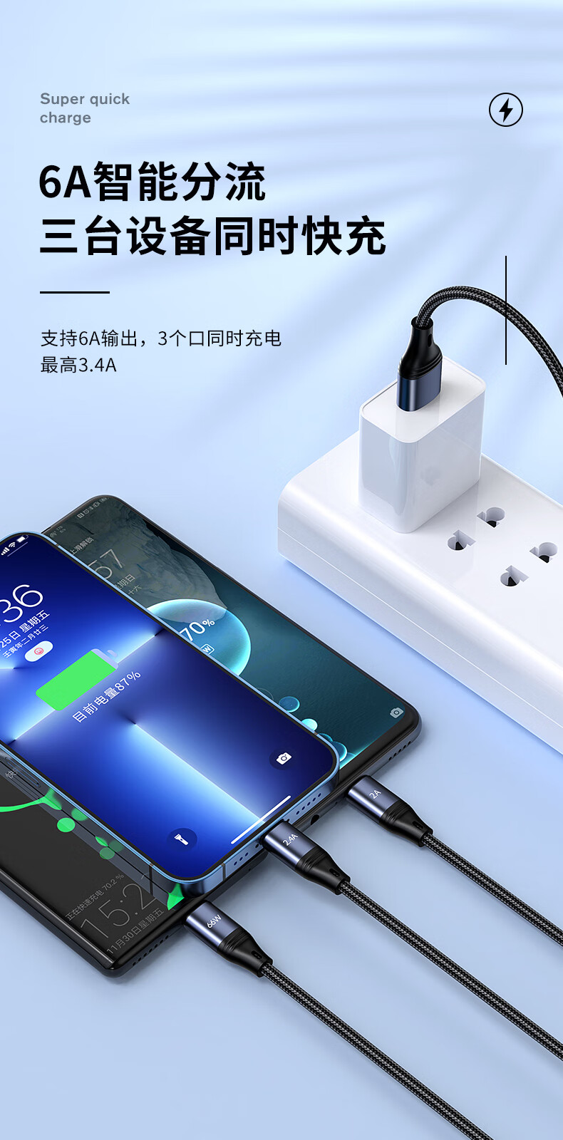 毕亚兹BIAZE K83数据线三合一充电线6A快充66W 2米 适用苹果14/13/12小米华为安卓手机一拖三车载 黑