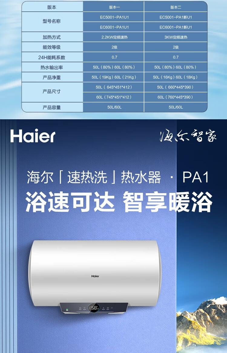 海尔（Haier）60升电热水器EC6001-PA1新U1 防电墙 3000W速热[WIFI智控]