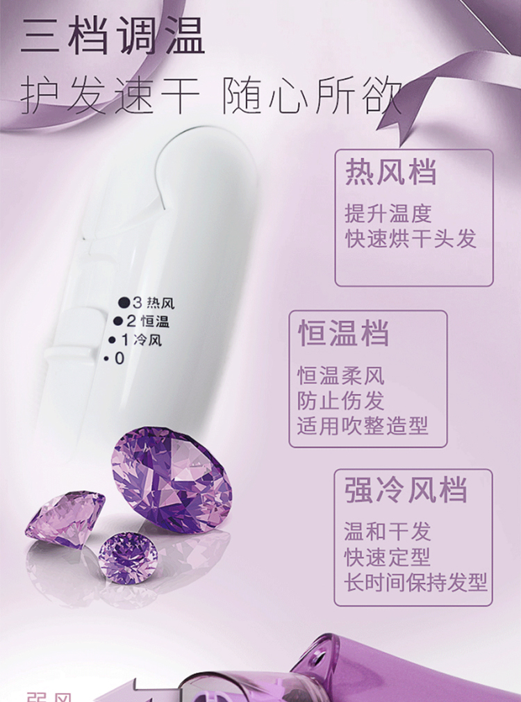 松下 恒温冷热风负离子护发电吹风机家用学生大功率电吹风EH-NE52-V405 白紫色