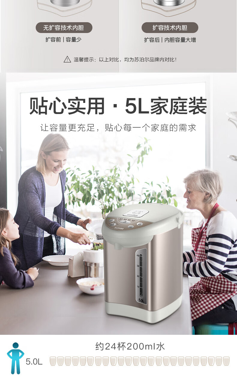 苏泊尔（SUPOR）电热水壶双层烧水壶 5L大容量电水瓶 多段保温恒温电水壶 304不锈钢 SW-50T60A