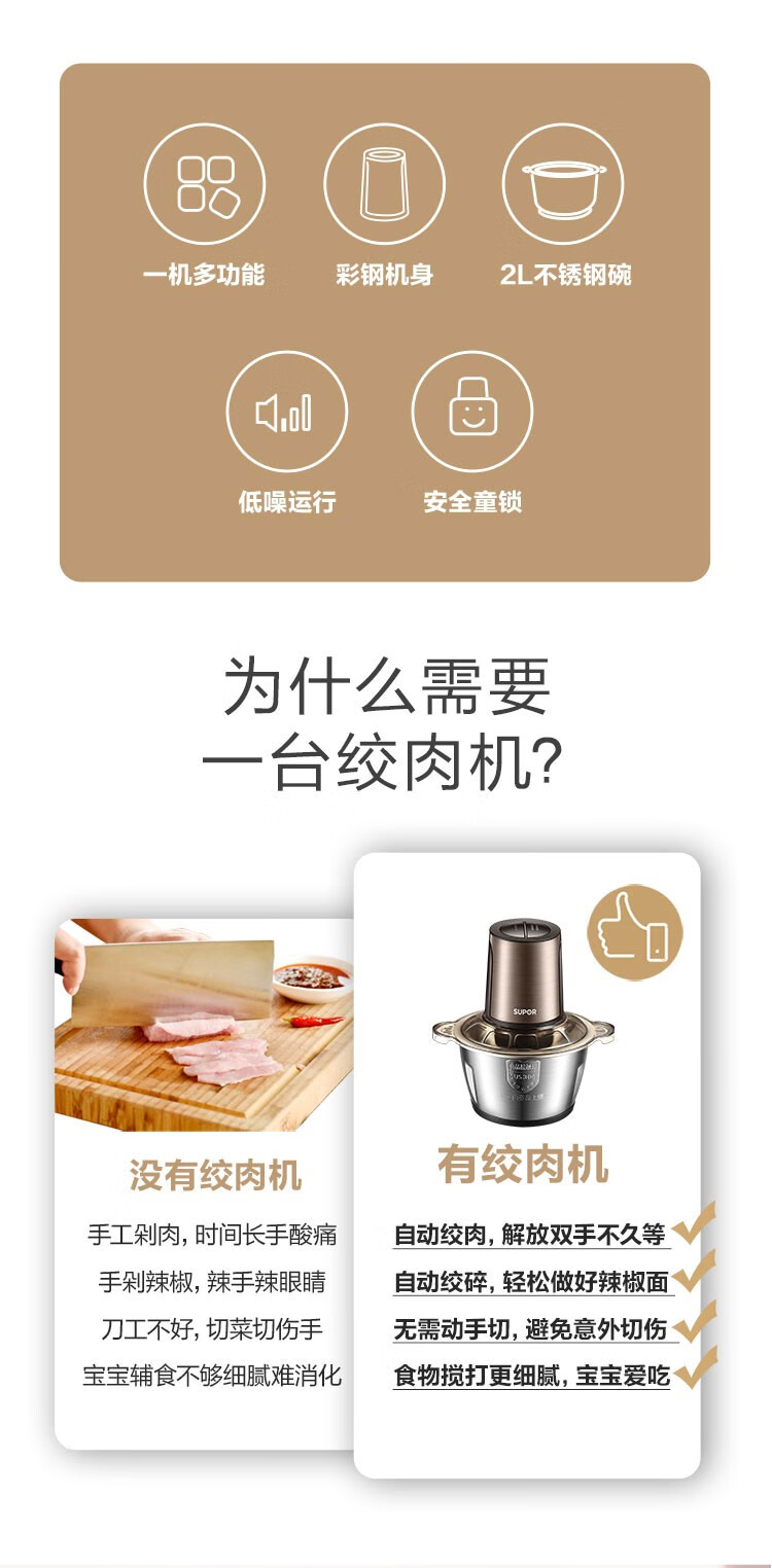 苏泊尔（SUPOR）全自动不锈钢多功能料理机绞肉机 JR18GS-300 2L大容量