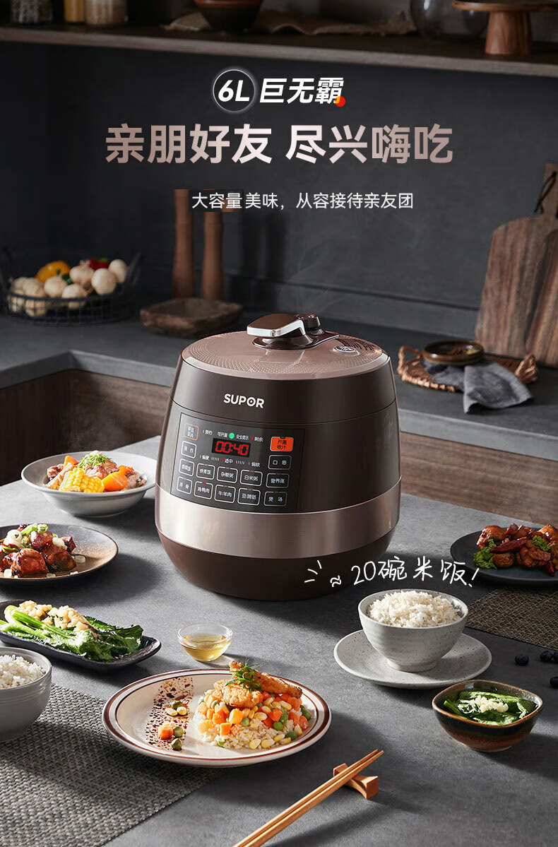 苏泊尔（SUPOR）智能预约电压力锅6L大容量触控面板家用保温煮饭煲汤易清洁双球釜内胆60YC8001Q