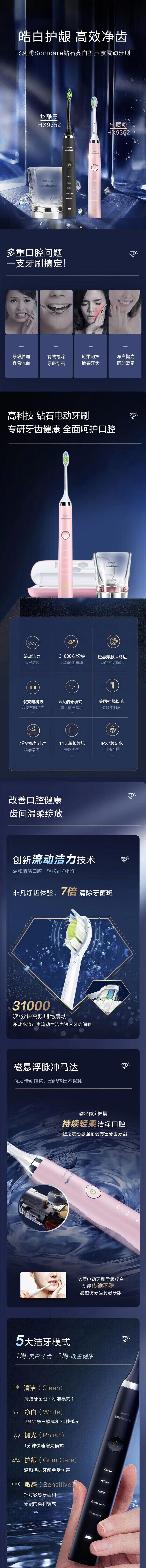 PHILIPS飞利浦电动牙刷成人情侣款 含刷头*2+充电旅行盒+充电玻璃杯 钻石系列 黑色HX9352