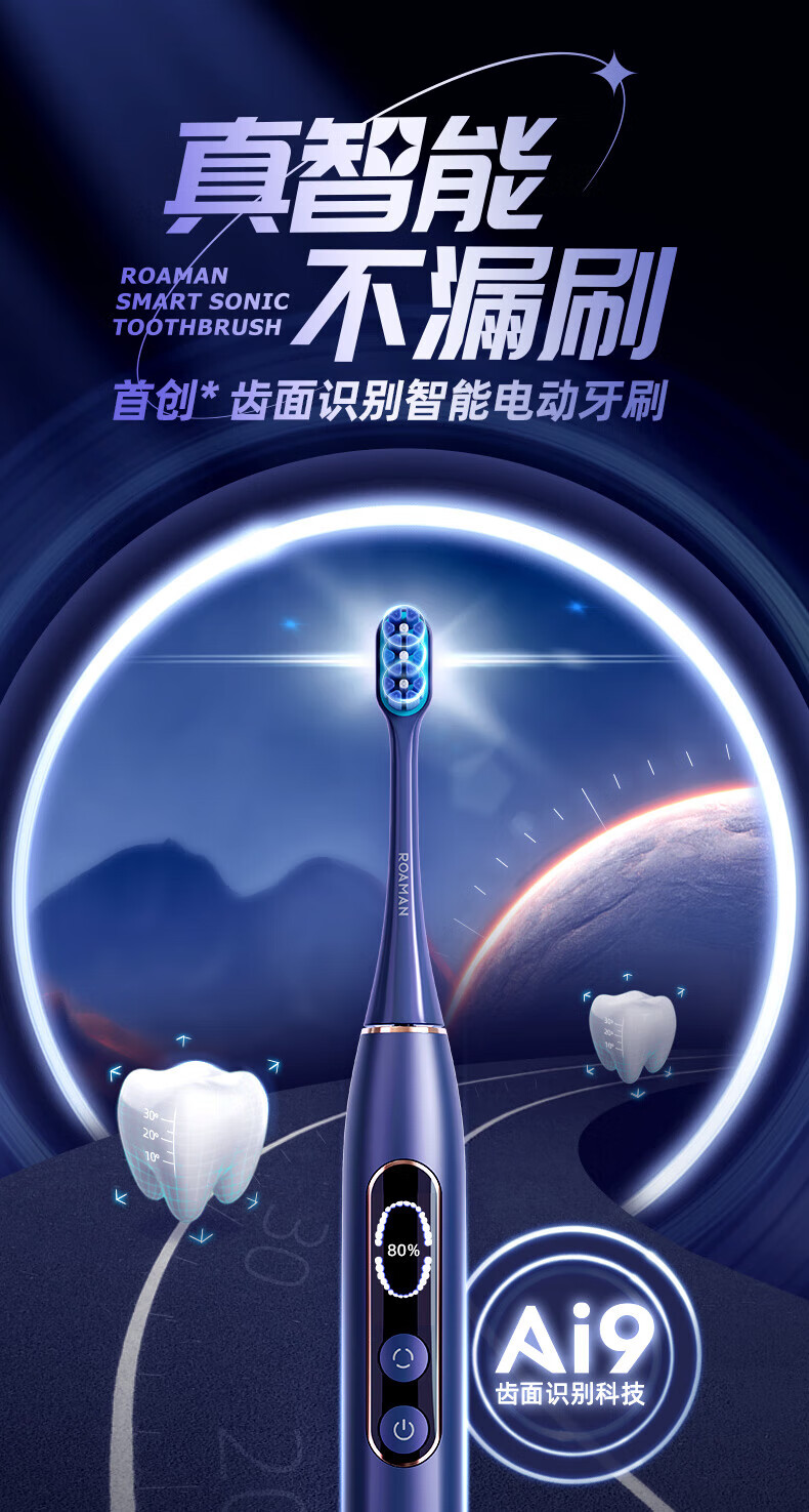ROAMAN X70电动牙刷 智能APP双屏联动不漏刷 黑科技六轴陀螺仪 成人智能声波电动牙刷无铜刷毛珠光白