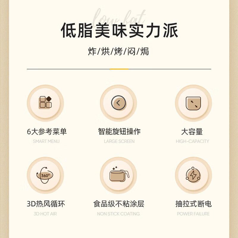 长虹（CHANGHONG）空气炸锅家用多功能智能大容量机械智能 油煎炸旋钮触控款炸锅 CZF-801白色升级款
