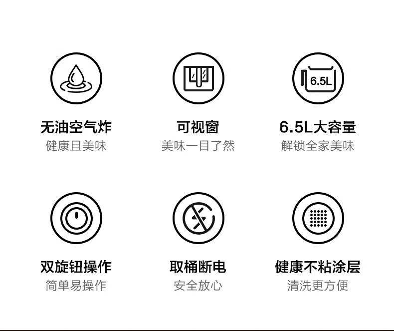 美菱 家用空气炸锅 大容量多功能无油炸锅薯条机 【6.5L可视烹饪-双旋钮操作】MZG-606