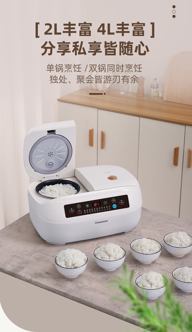 长虹（CHANGHONG）电饭煲双胆不粘内胆一体双拼电饭煲多功能迷你电饭锅 NTC温感双控电饭锅 CFB-YX95B 白色/绿色