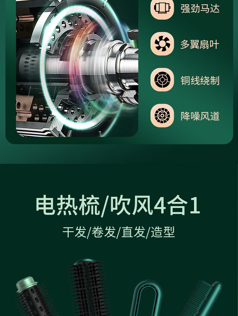 永日（Yours）电吹风机家用理发店大功率风筒四合一造型直发吹风梳 YR-6237军绿色