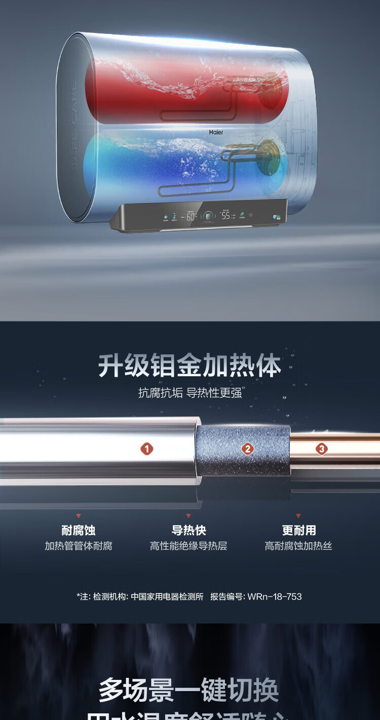 海尔（Haier）60升3000W一级能效纤薄双胆净水洗扁桶智慧节能热水器ES60H-RA5(AD)U1