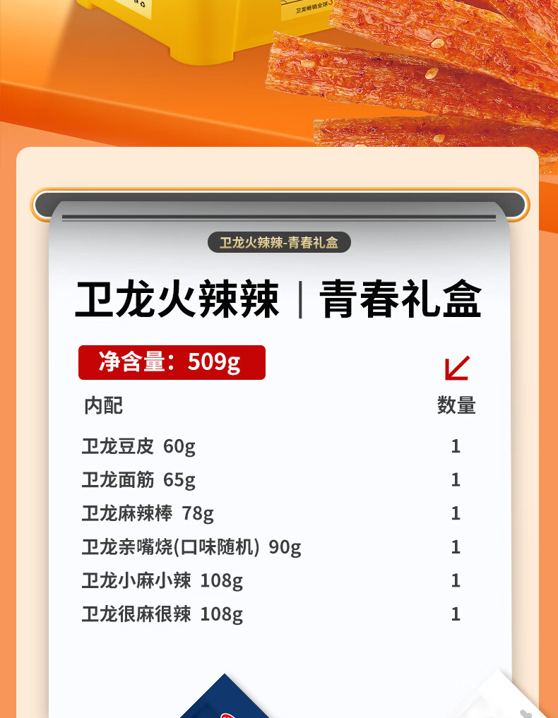 卫龙 生日春节送礼 办公室休闲零食火辣辣-青春礼盒509g
