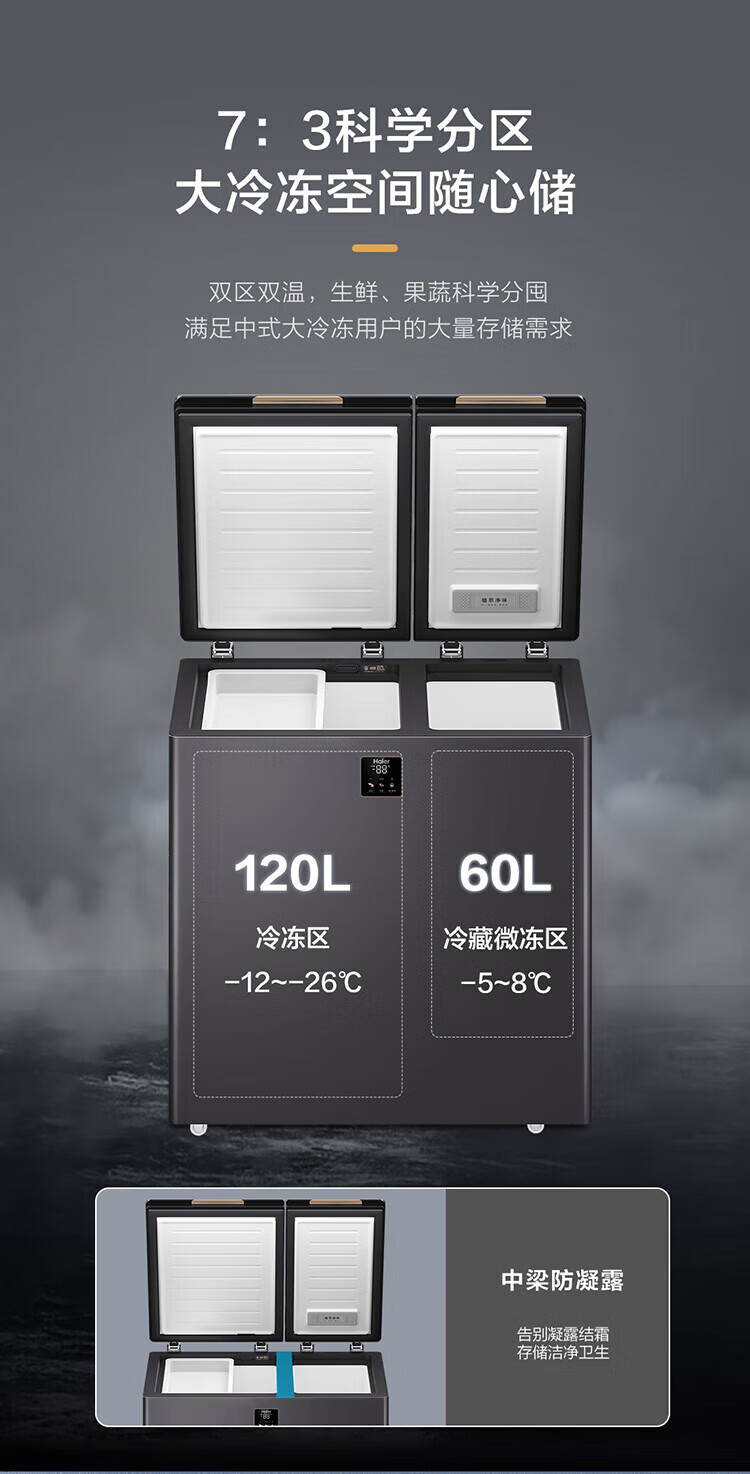 海尔（Haier）180升冰柜双温家用大容量冷冻冷藏卧式冷柜速冻保鲜两用 FCD-180GHXEPG