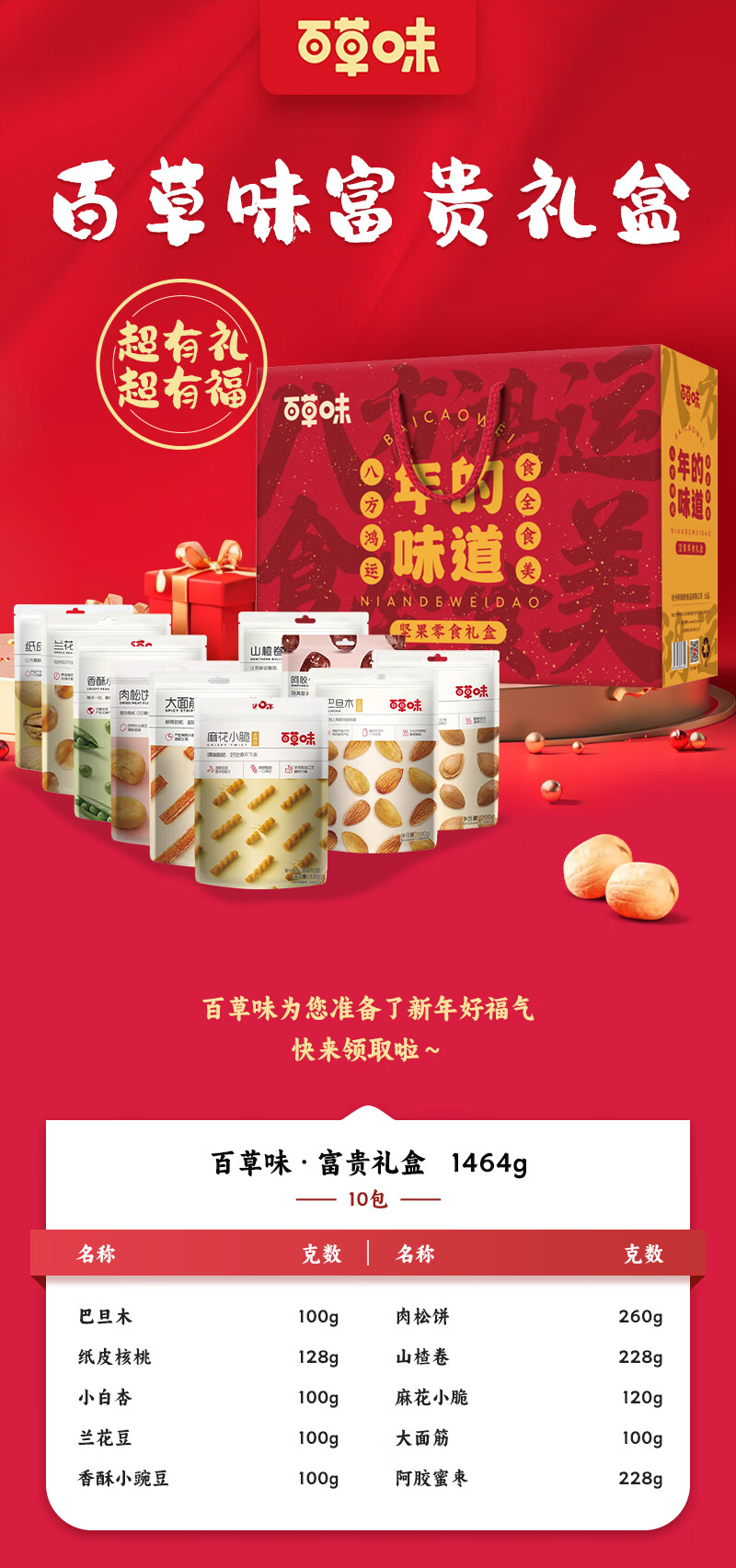 百草味  年货春节过节送礼 富贵B款坚果礼盒1464g