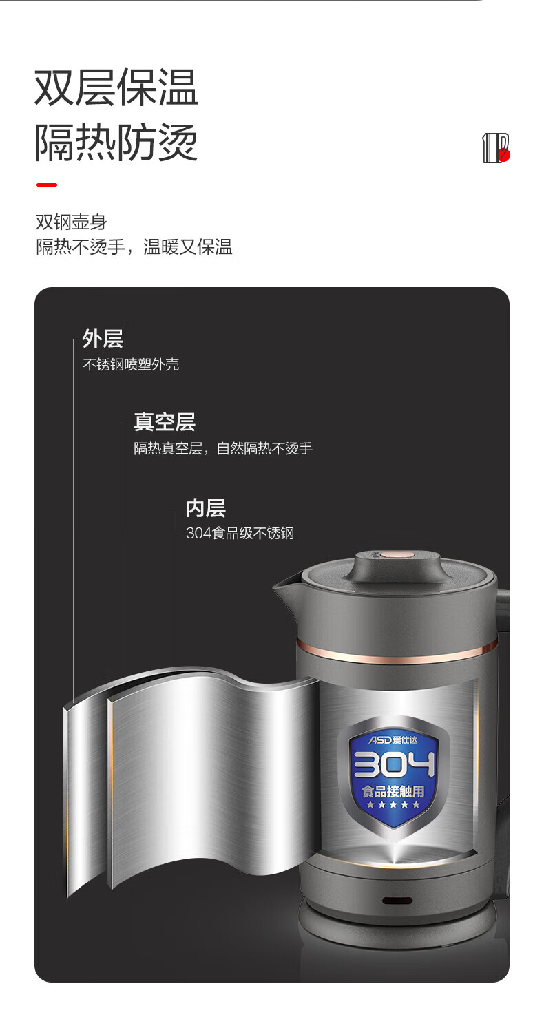 爱仕达（ASD）电热水壶家用大容量1.6L大功率1800W电热水壶双重防干烧304不锈钢烧水壶 AW-S16Z360