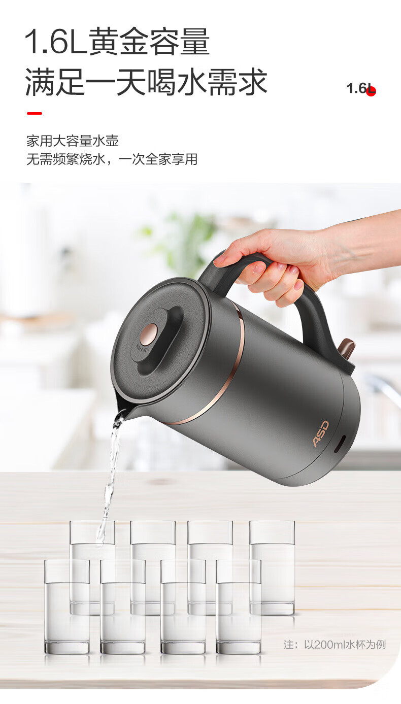 爱仕达（ASD）电热水壶家用大容量1.6L大功率1800W电热水壶双重防干烧304不锈钢烧水壶 AW-S16Z360